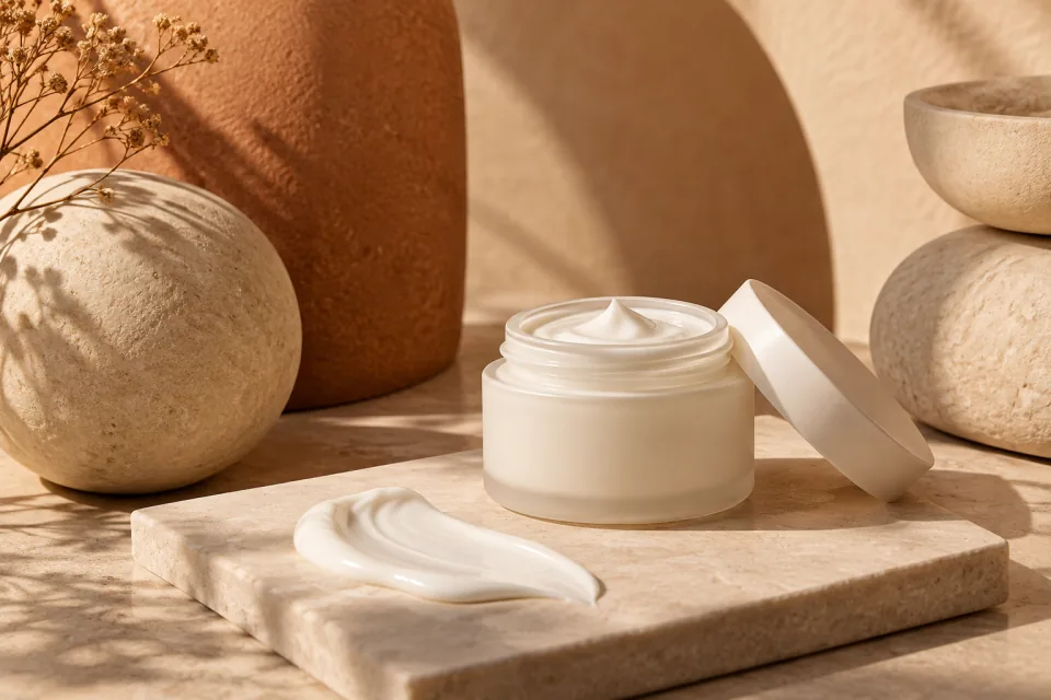 An unbranded cream jar and an abstract cream texture on a warm sculptural surface.