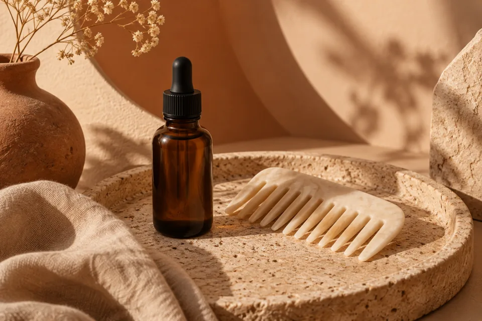An unbranded topical bottle and a simple comb on a warm stone surface.